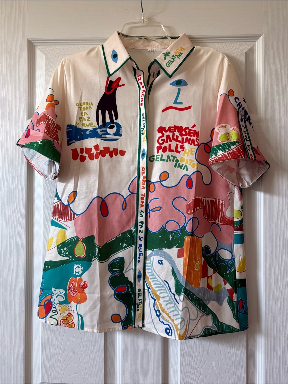Women’s “Summer in Europe” Multicolor Short-Sleeve Button-Down Shirt, Medium